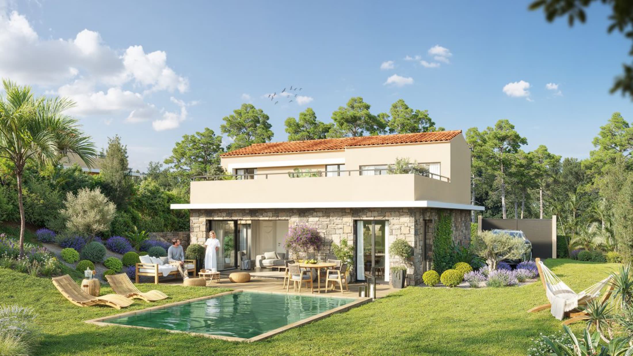 Villa provençale contemporaine du Domaine Arcadia, façade en pierre, jardin de lavande et piscine